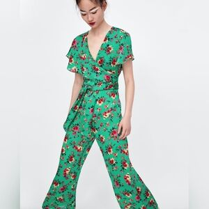Zara Green Satin Floral Wrap Tie Jumpsuit Size Medium